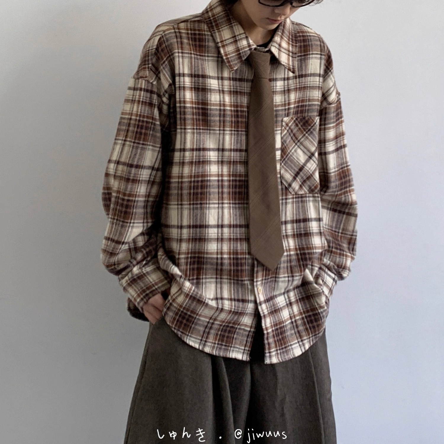 日系复古撞色格子宽松长袖衬衫