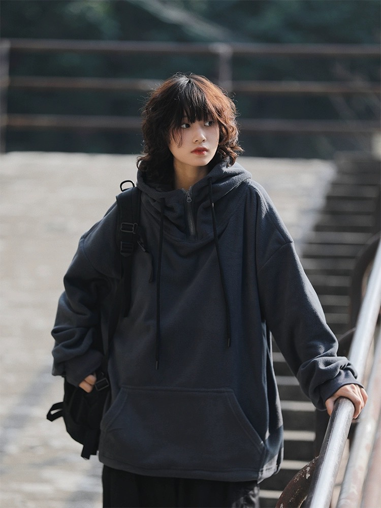 摇粒绒日系复古宽松纯色卫衣