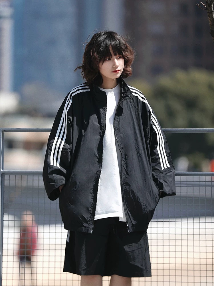 日系休闲三条杠防晒服运动套装男女夏季宽松情侣防晒衣百搭两件套