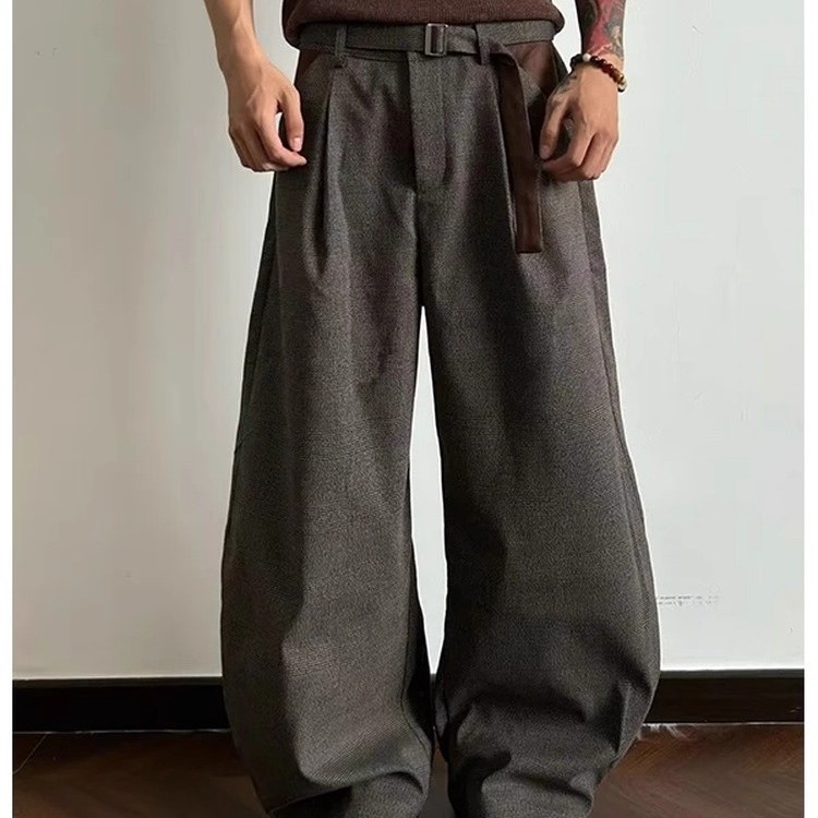 美式老钱风打褶拼接直筒西裤