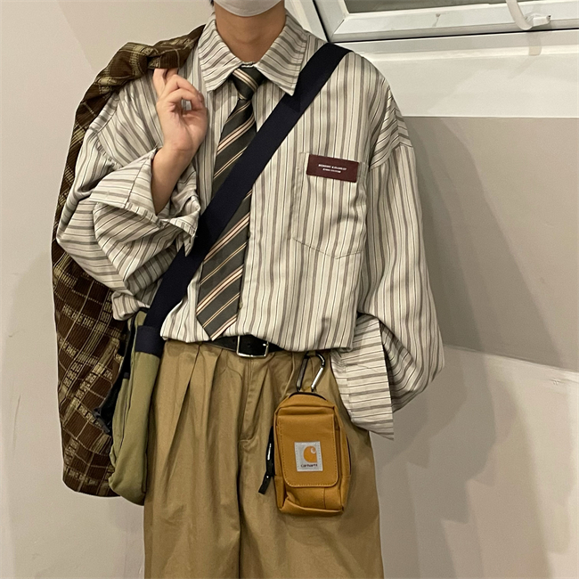 翻领长袖日系复古条纹衬衫男女