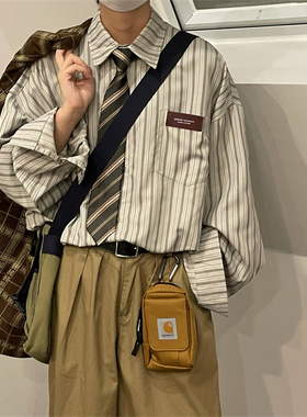 日系翻领长袖条纹衬衫男女春秋季新款学院风复古情侣休闲打底衬衣
