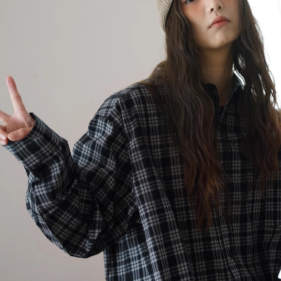 日系复古格子长袖衬衫