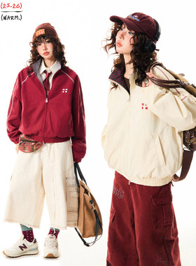 美式复古格子拼接红色夹克外套男女春秋季宽松拉链运动棒球服上衣