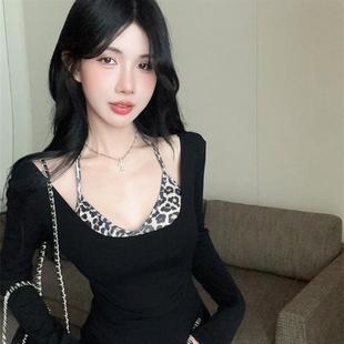 T恤女秋冬修身 甜辣妹纯欲长袖 内搭叠穿 豹纹吊带上衣美式 两件套装