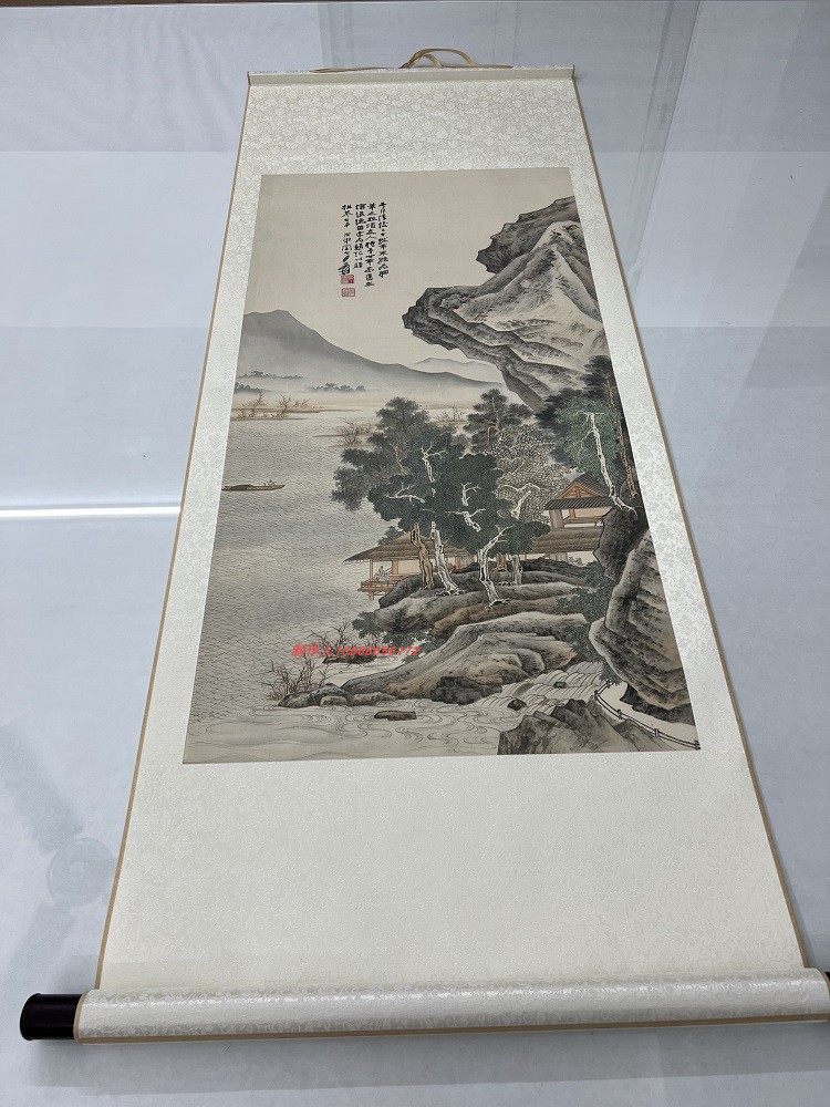 张大千沧浪渔笛图仿古青绿工笔山水国画高清微喷复制品装饰画挂画