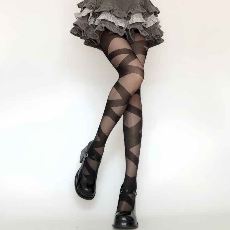 云织引 lolita交叉绑带连裤过膝绷带镂空半透丝袜洛丽塔袜子 白