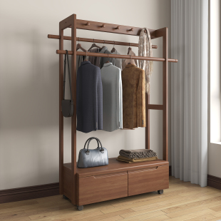 实木衣帽架立式带抽屉 客厅储物置衣收纳架 卧室可移动落地挂衣架