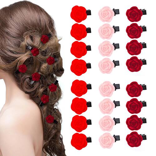 12 pieces small red velvet rose hair clips for women Korean