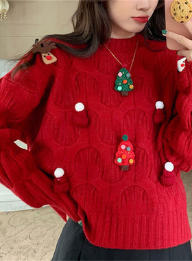 Red Christmas sweater autumn/winter loose top for women毛衣