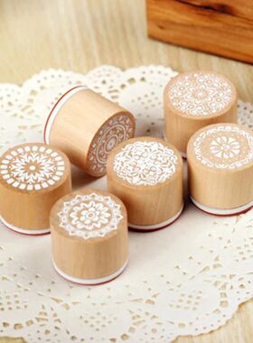 6 circular wooden retro pattern stamps, lace thank-you greet