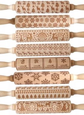 Wood Christmas Printing Rolling Pin Wooden Carvings Embossin