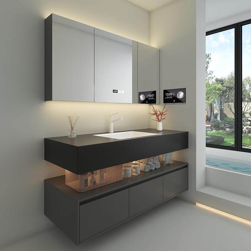 新款酒店风岩板无缝一体洗漱台卫生间洗脸盆柜洗手盆柜浴室柜组合