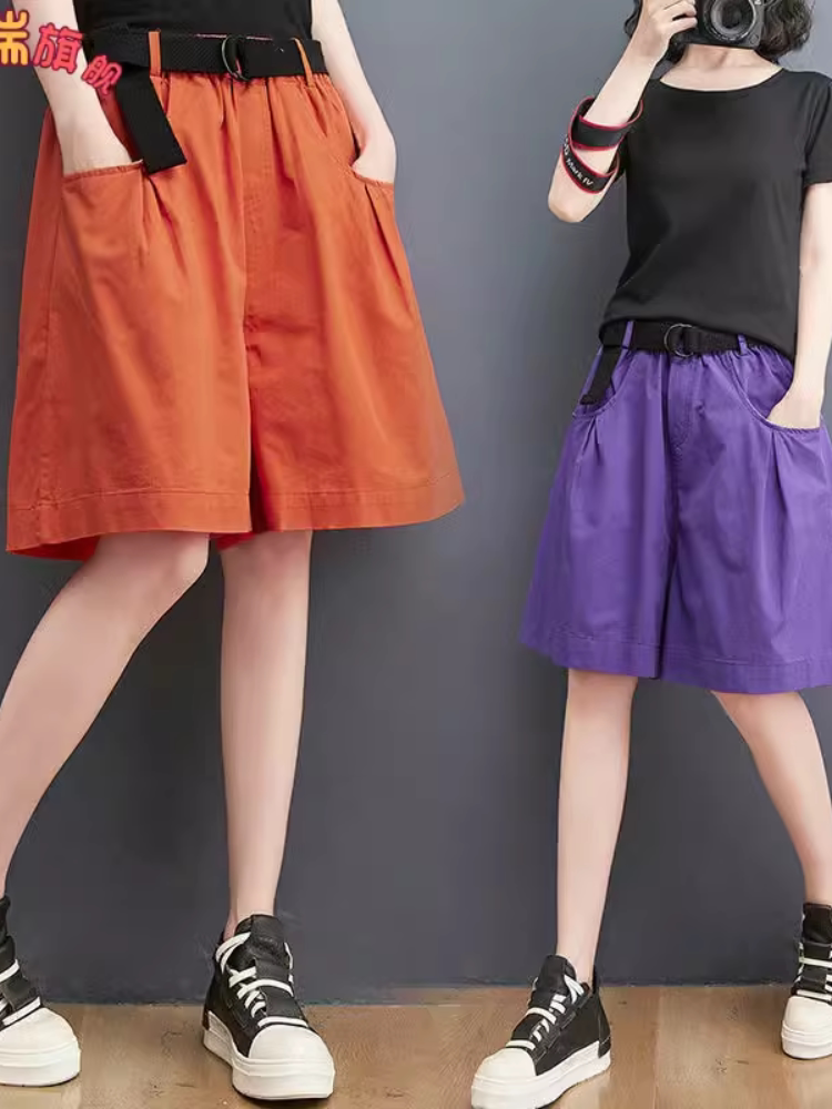 여성용 대형 루즈 반바지 여름 새로운 한국식 얇은 와이드 레그 5부 바지 다용도 미드팬츠 캐주얼 바지 기질