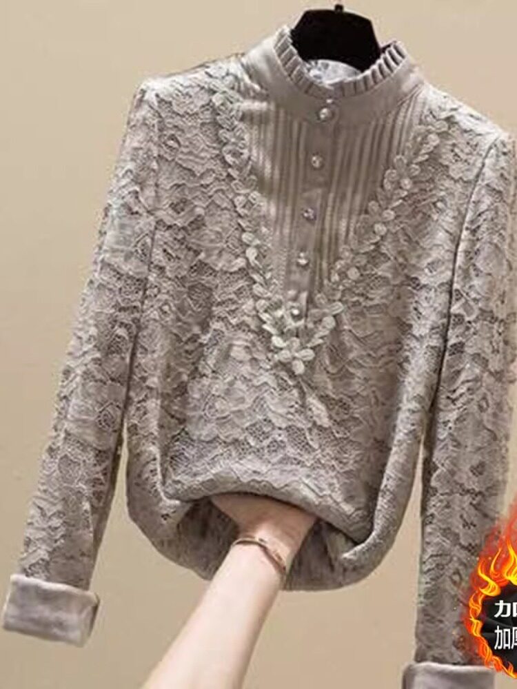 여성용 플러시 레이스 셔츠 뚱뚱한 소녀들을 위한 새로운 가을 겨울 플러스 사이즈 여성 의류 200파운드 하프 터틀넥 레이스 바닥 셔츠