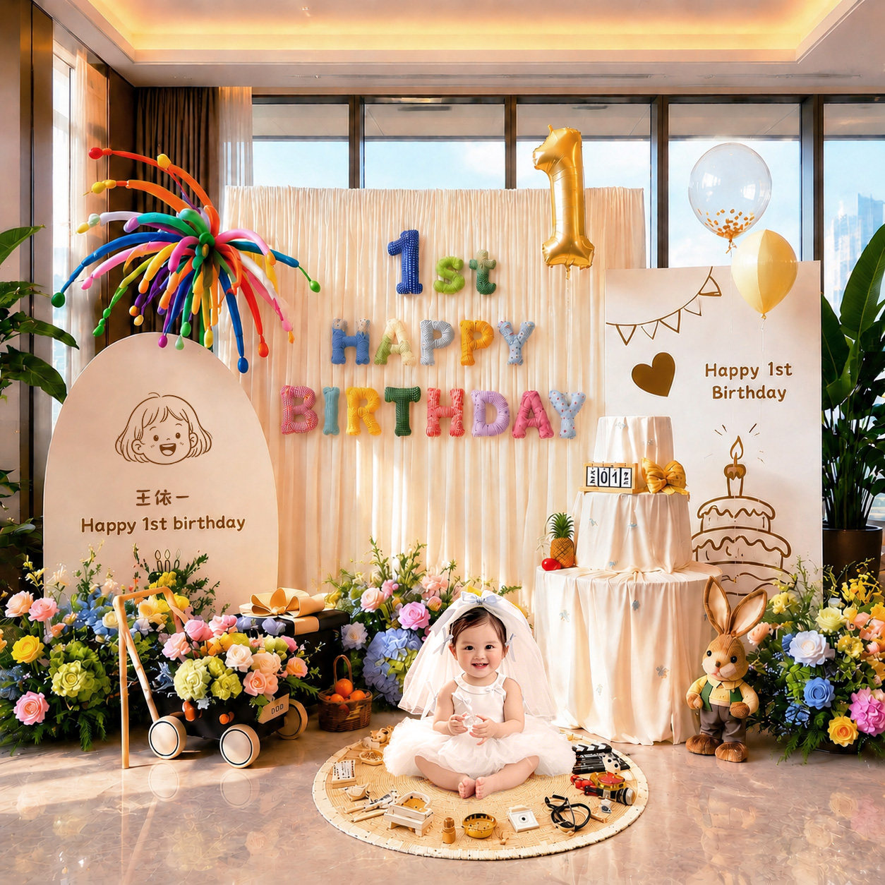 宝宝一周岁ins风生日布置布艺装饰韩系抓周用品仪式拍照背景kt板