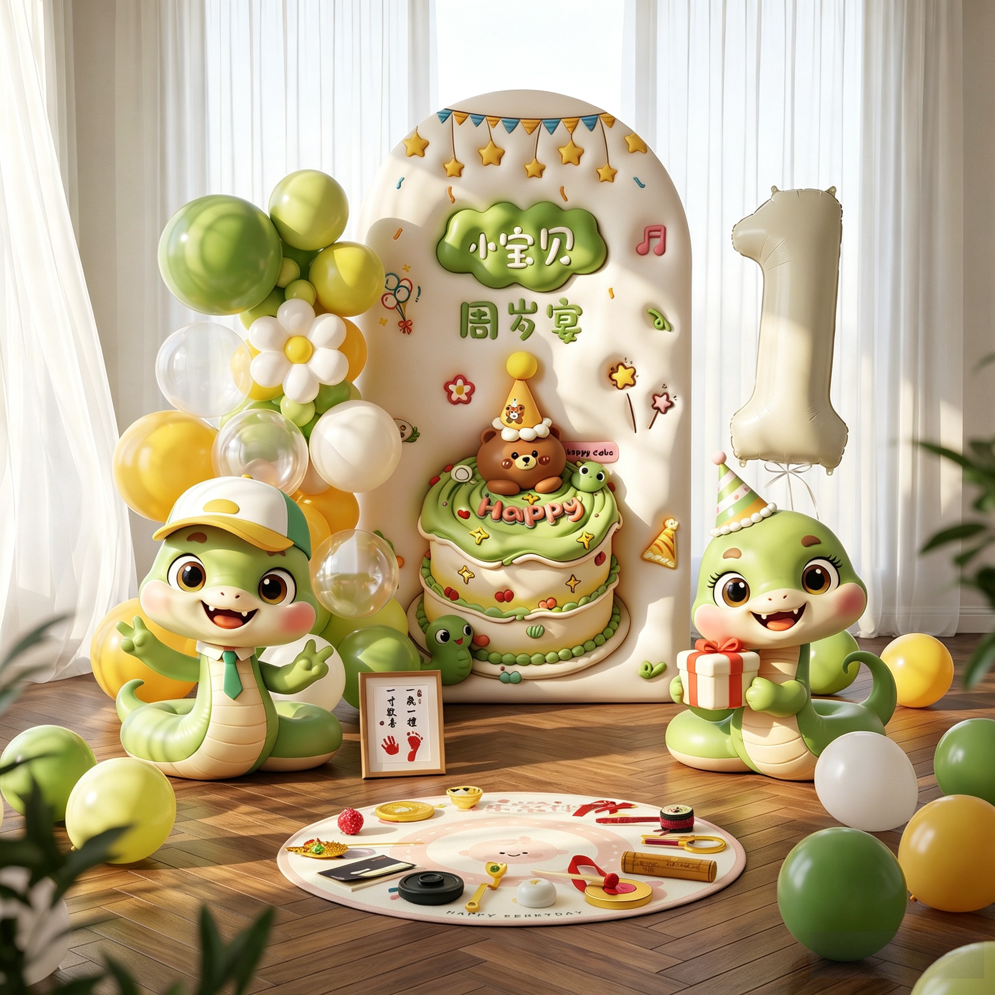 蛇宝宝一周岁生日场景布置氛围感装饰男孩ins风抓周宴背景墙KT板