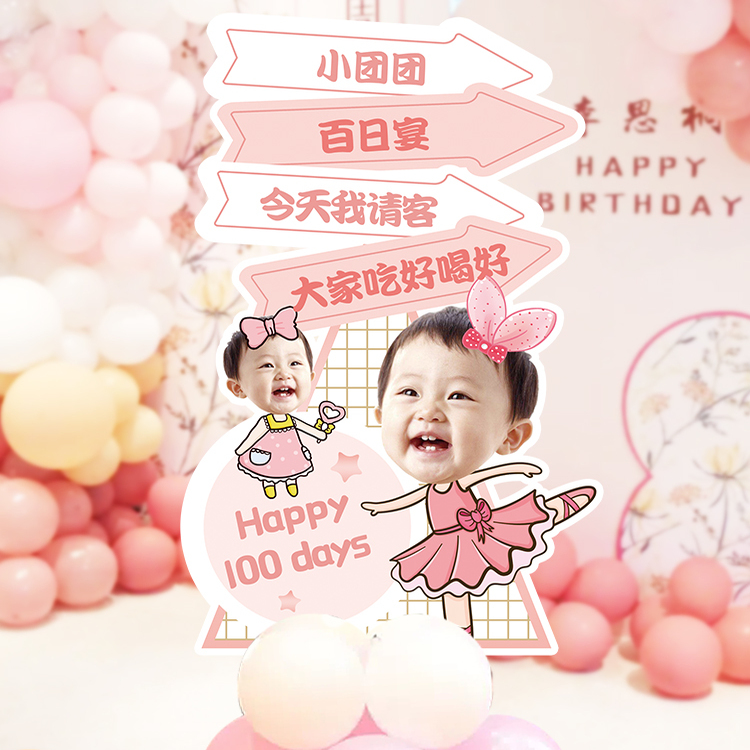 宝宝生日宴定制粉色女孩周岁迎宾牌装饰气球布置头像照片KT板大头