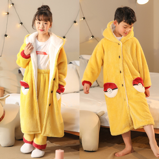 儿童皮卡丘睡袍秋冬季加厚珊瑚绒睡衣小孩卡通亲子套装法兰绒浴袍