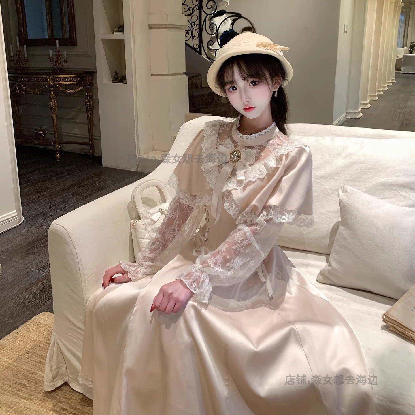森女系原创想去海边 温婉诗篇 清楚系蕾丝斗篷连衣裙温柔精致少女