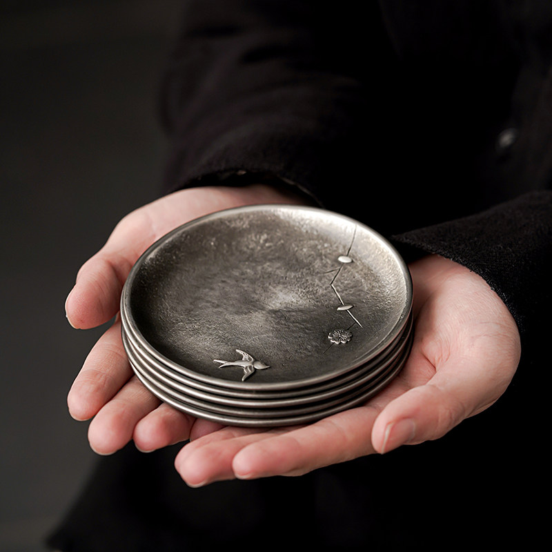 日式纯锡茶杯垫复古茶杯托隔热防滑做旧老锡茶托杯垫壶承茶道零配