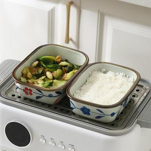 手彩餐具盘碗 长方蒸碗蒸锅专用蒸菜盘陶瓷长方烤盘焗饭家用新中式