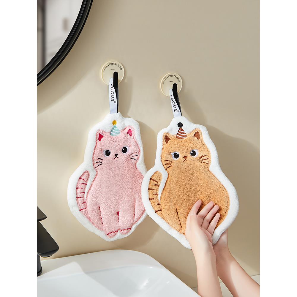 可爱小猫擦手巾挂式卫生间厨房吸水不掉毛加厚洗手毛巾家用抹布