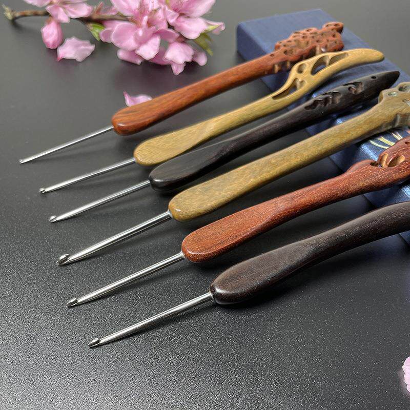 檀木柄钩针手工diy勾针工具套装编织毛衣鞋子包包毛线防滑材料包