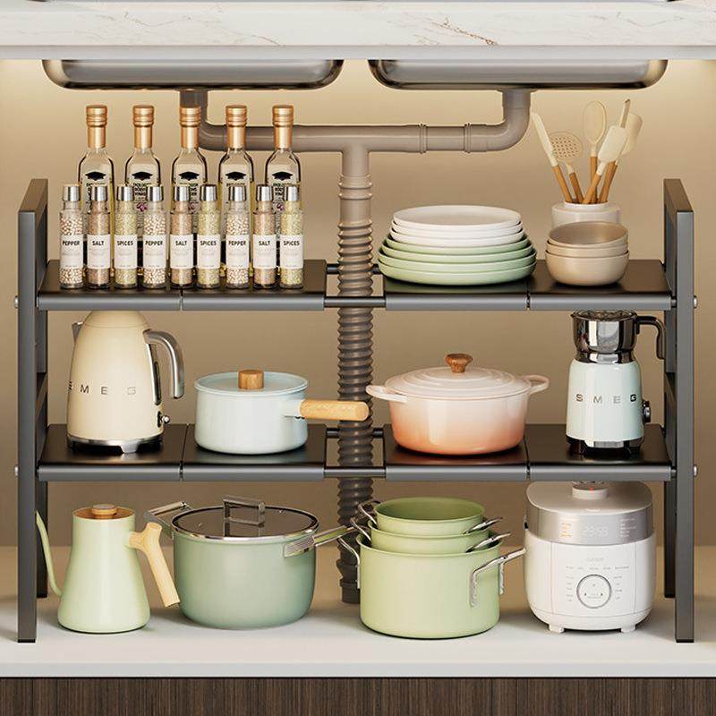 厨房整理置物架多层伸缩杆水槽下用品储物架免打孔收纳盒橱柜神器