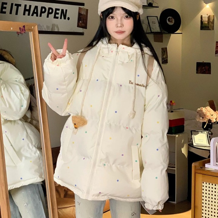 可爱波点立体小熊立领棉服秋冬2025新款宽松加厚保暖棉衣面包服