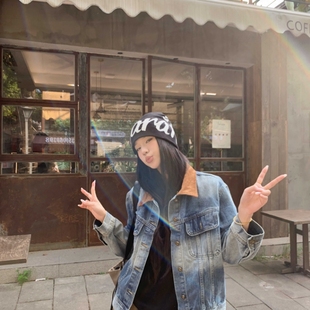 实拍 致敬风暴骑士水洗蓝灯芯绒领复古落肩廓形牛仔衣