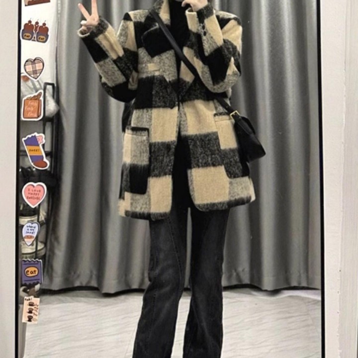 格子短款呢子大衣女2025新款毛呢外套秋冬季小个子高级感韩系爆款