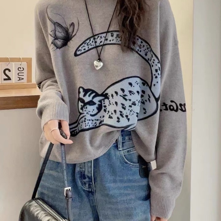 卡通猫咪印花羊毛针织衫女欧洲站2025秋冬新款慵懒风宽松加厚毛衣