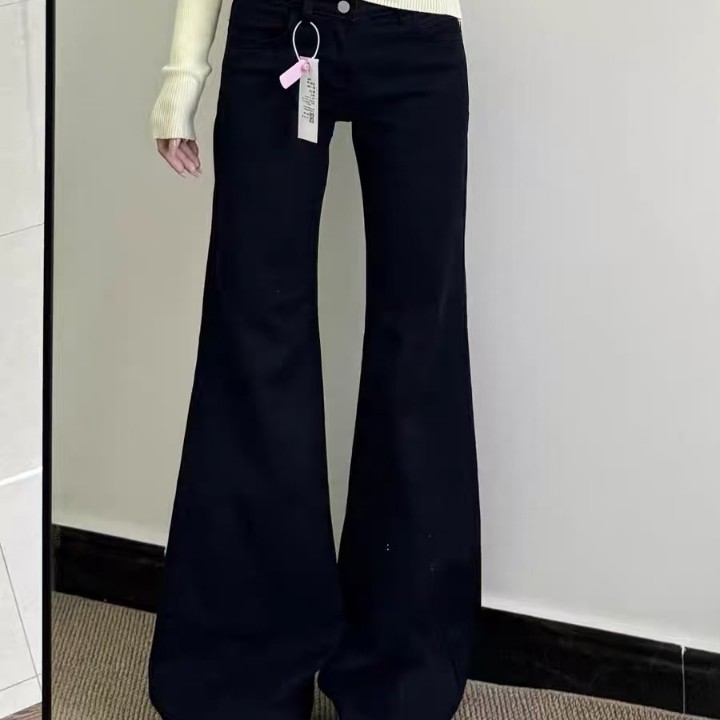 小个子美式黑色微喇阔腿牛仔裤女低腰宽松显瘦喇叭拖地裤