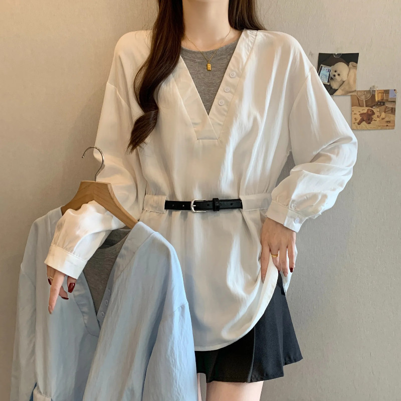 韩系别致独特假两件宽松收腰长袖衬衫女春季大码收腰遮肉显瘦上衣,女装/女士精品,大码内搭,淘宝优惠券,粉丝福利购,淘宝优惠卷