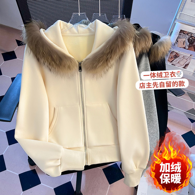 实拍美式复古可拆卸毛领连帽卫衣女2025冬新款显瘦开衫短款外套女