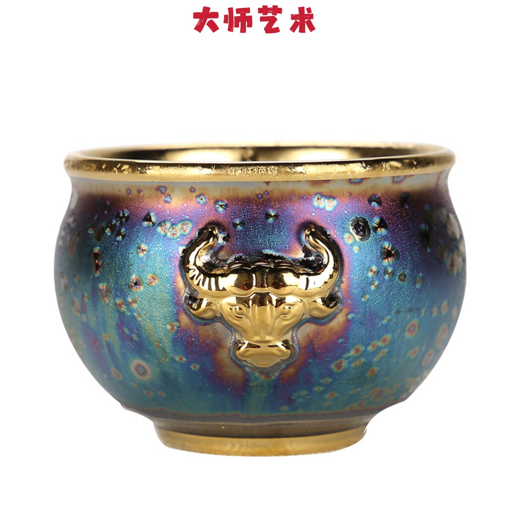 大师艺术高端鎏金七彩茶杯天目陶瓷品茗杯单杯主人杯建盏高档礼品