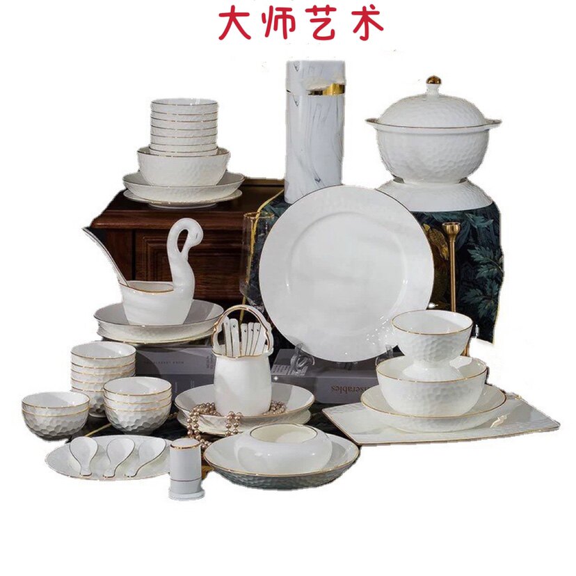 大师艺术高端景德镇陶瓷餐具套装手绘金边水立方创意骨瓷碗盘家用