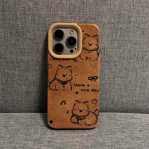 素描小狗适用苹果16pro手机壳翻毛皮新款iPhone15适用荣耀200硅胶13Pro秋冬美拉德贴皮软套适用华为P70保护套