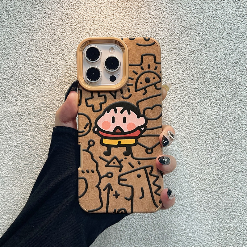 线条小新适用苹果16promax手机壳iPhone15pro适用荣耀200硅胶13Pro秋冬美拉德贴皮软套适用华为P70保护套