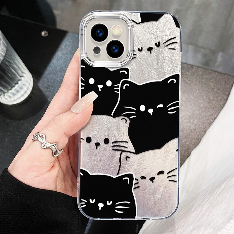 黑白小猫羽纱适用苹果15pro手机壳iphone14适用一加13适用红米k80适用小米适用荣耀300pro保护套适用华为p70