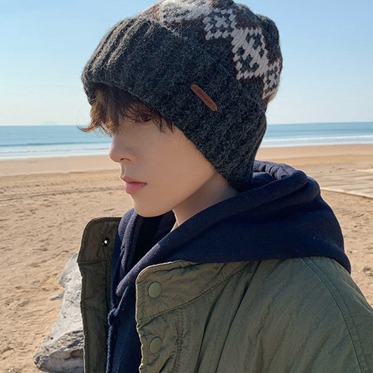 帽子男款2026新款冬费尔岛风毛线帽男士冷帽包头针织帽加绒堆堆帽