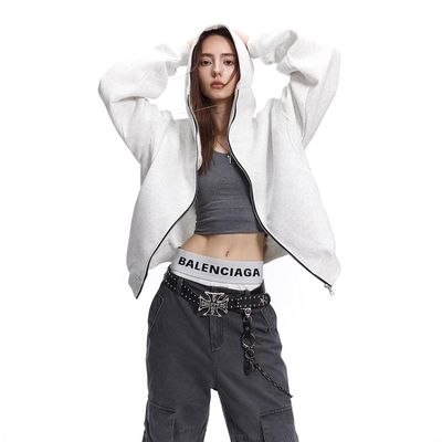 美式重磅短款连帽双拉链开衫连帽卫衣男女春秋季潮牌外套衣服帽衫