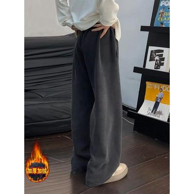 美式复古宽松慵懒风加绒直筒裤加厚休闲卫裤男款秋冬季阔腿棉裤子