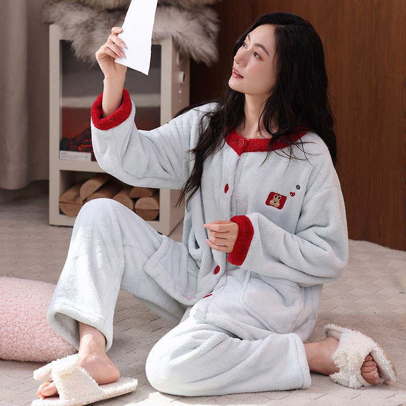 珊瑚绒法兰绒睡衣女款冬季天加绒加厚中青年休闲风保暖家居服套装