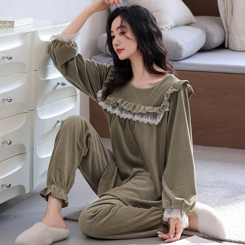 秋冬薄绒海岛绒睡衣女冬季加绒加厚珊瑚绒可外穿中老年家居服套装