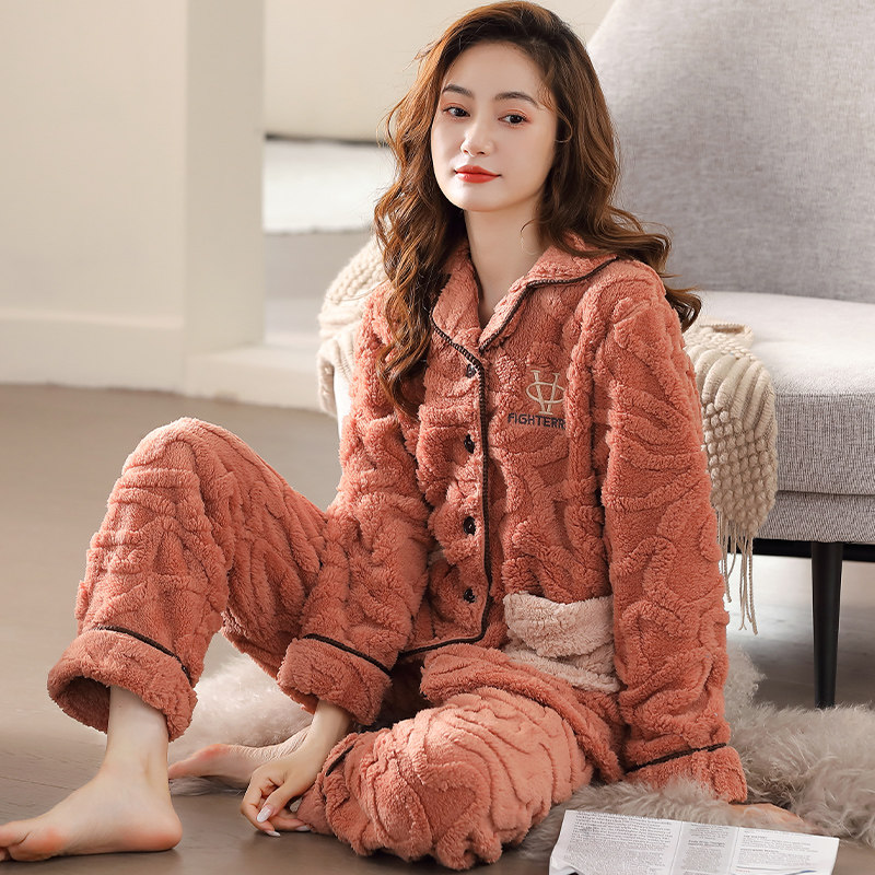 睡衣女款秋冬季长袖长裤珊瑚绒双口袋加绒加厚保暖家居服休闲套装