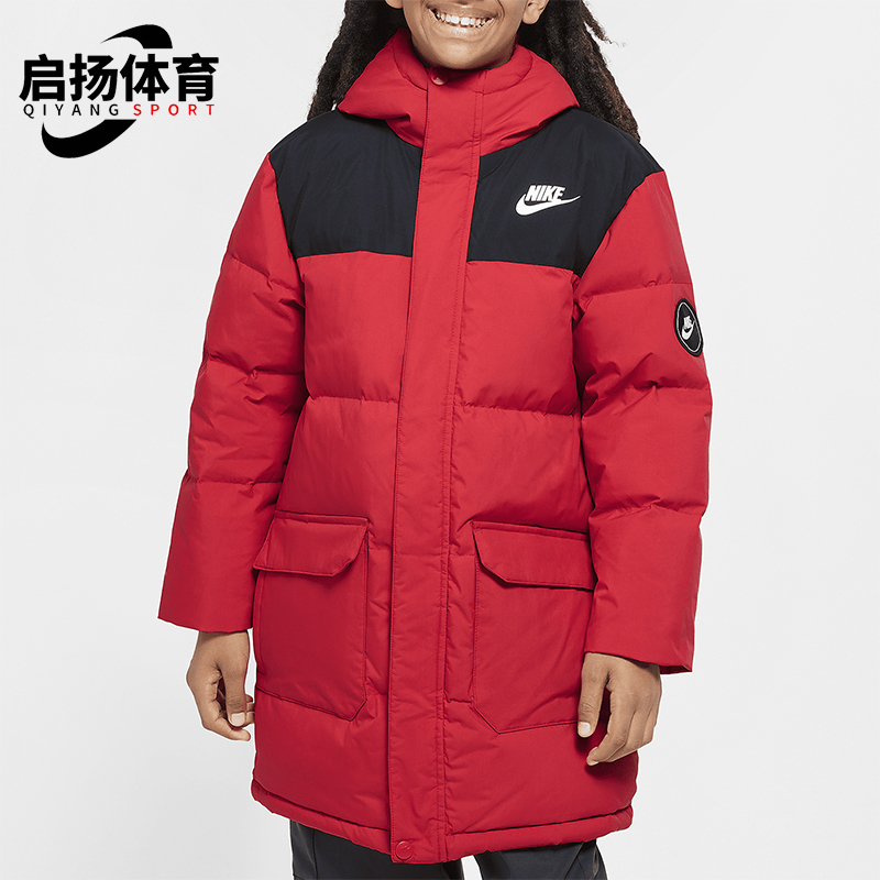 耐克大童拼接宽松保暖连帽羽绒服