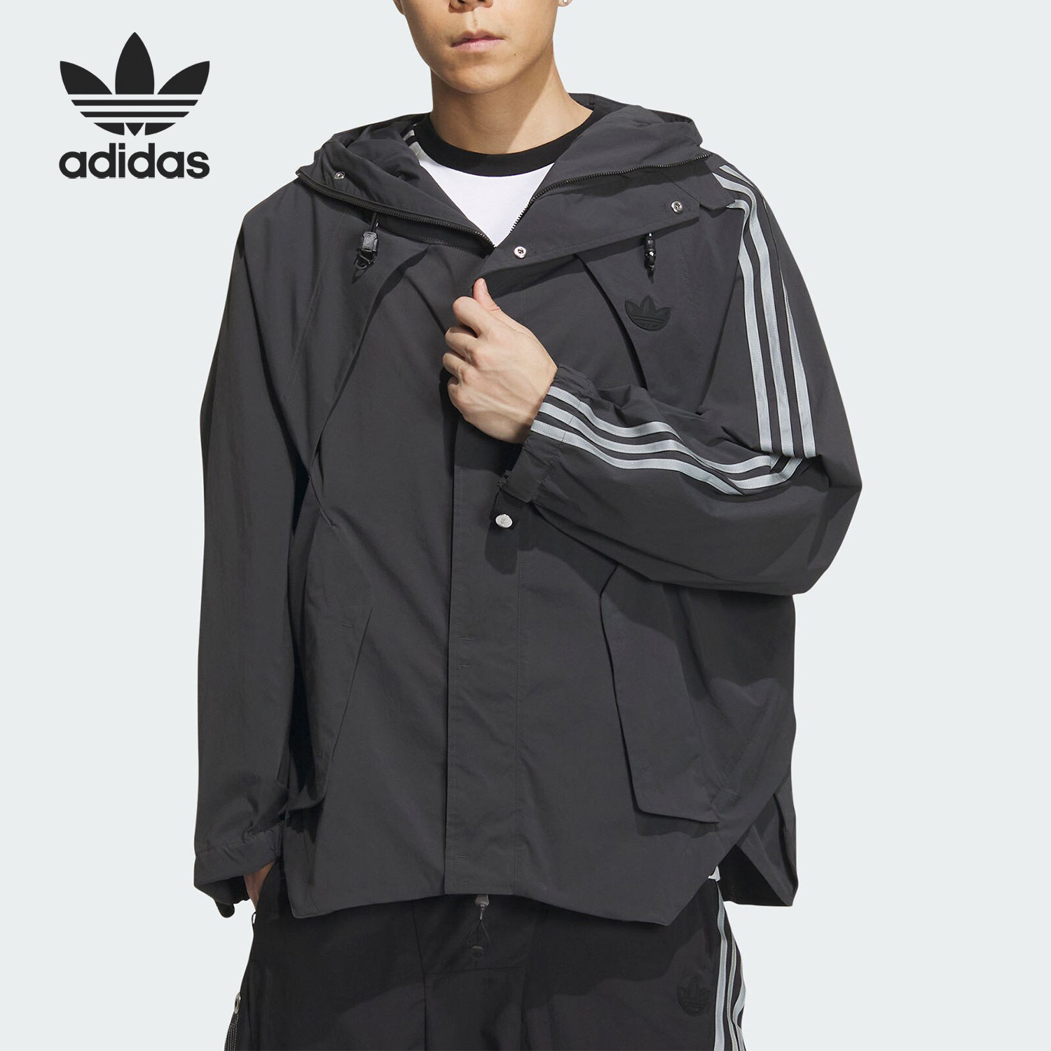 Adidas阿迪达斯正品男女宽松连帽运动三叶草防风外套夹克IX7079