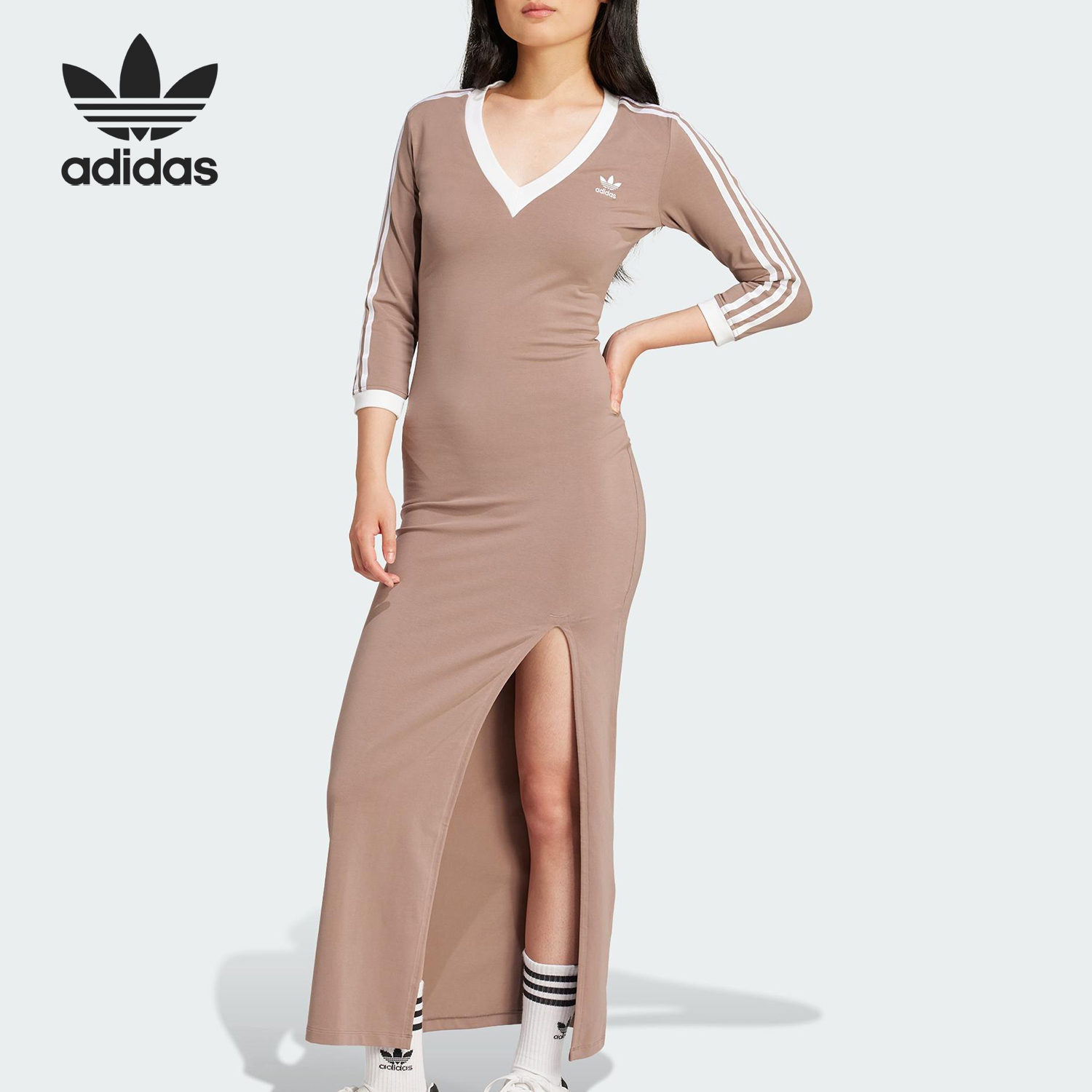 Adidas/阿迪达斯官方正品三叶草女士长款侧开叉V领连身裙JX5193